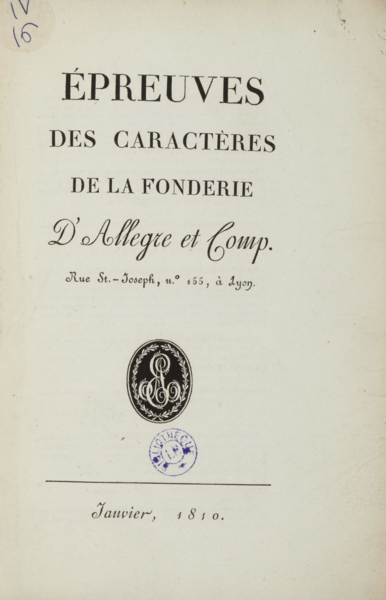 Épreuves des caractères de la Fonderie d’Allègre et Comp.