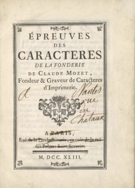 Epreuves des caractères de la fonderie de Claude Mozet