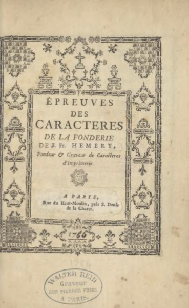 Epreuves des caractères de la fonderie de J. Fr. Hemery