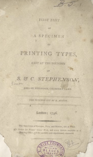 First part of a specimen of printing types cast at the foundry S. & C. Stephenson