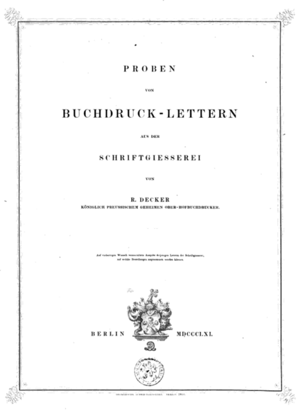 Proben von Buchdruck-Lettern aus der Schriftgiesserei von R. Decker