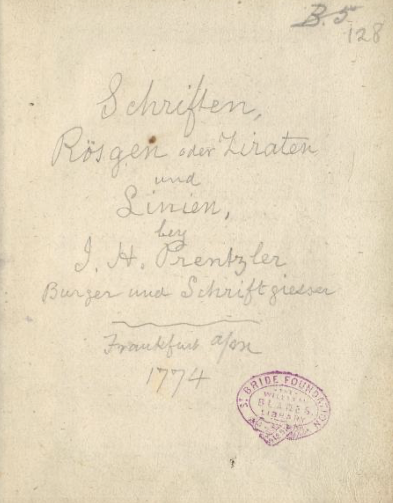 Schriften, Rösgen oder Zierarten und Linien bey Johann Heinrich Prentzler 
