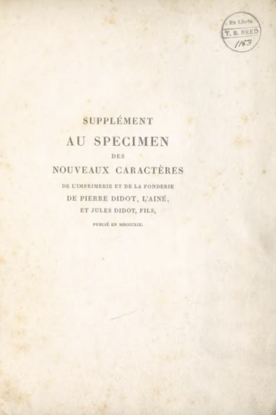 Supplément au spécimen des nouveaux caractères de l'imprimerie et de la fonderie de P. Didot, l'ainé, et J. Didot, fils