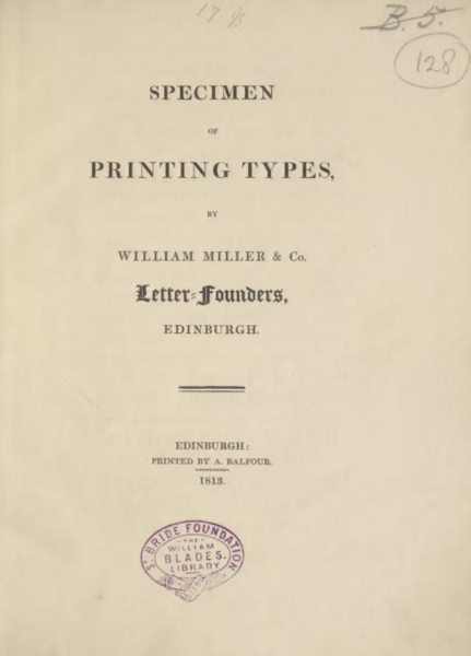 Specimen of printing types by William Miller and Co.