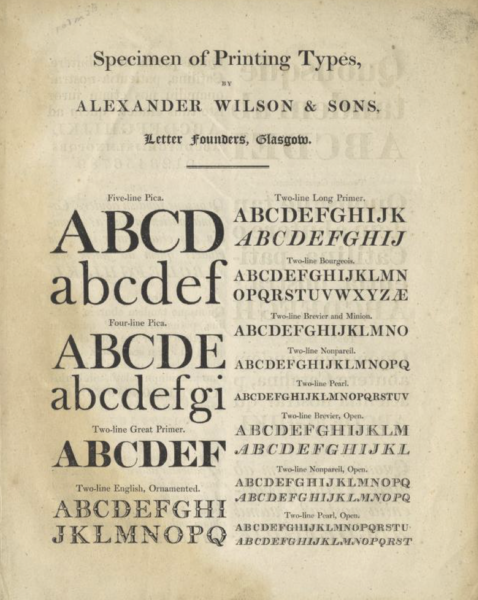 Specimen of printing types, by Alexander Wilson & Sons
