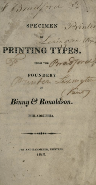 Specimen of printing types, from the foundery of Binny & Ronaldson.