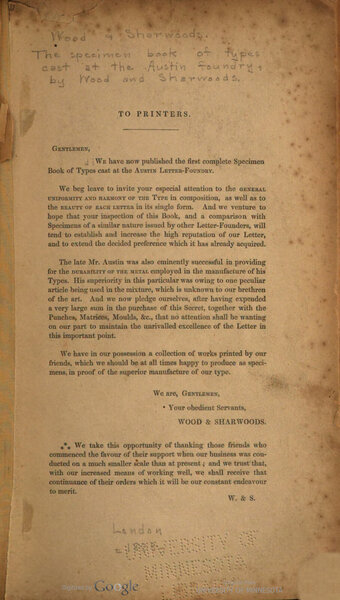 The specimen book of types cast at the Austin Foundry