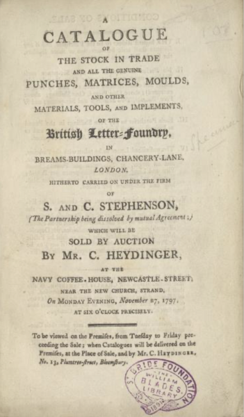 A catalogue of the stock in trade of the British Letter Foundry, which will be sold by auction on Nov. 27, 1797