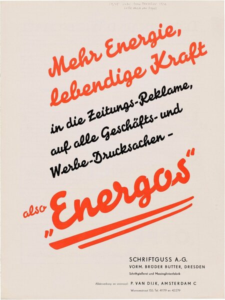 Mehr Energie, lebendige Kraft in der Zeitungs-Reklame auf alle Geschäfts- und Werbe-Drucksachen: also Energos