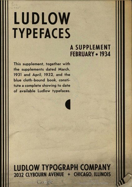 Ludlow Typefaces: A Supplement, February, 1934