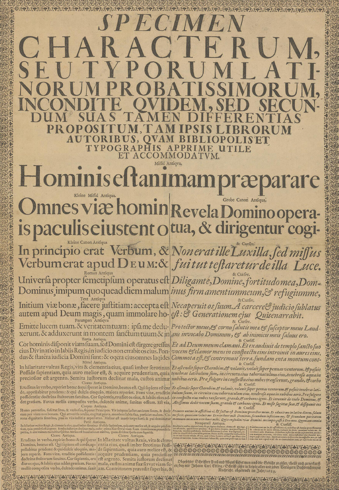 Specimen Characterum: Obgesetzter Schrifften Prob und Abguß findet man umb die Gebühr zu gissen, theils auch zu verkauffen / bey mir Johann Carl Edling, Schrifft giesser in Leipig // LLC2594