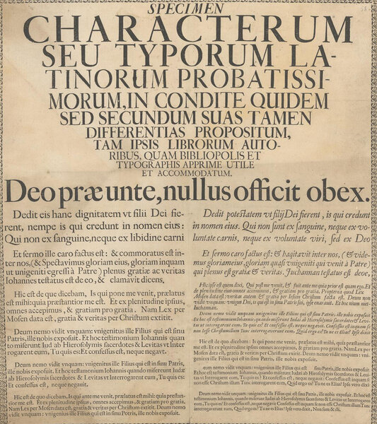 Specimen Characterum Seu Typorum Latinorum Probatissimorum, Incondite Quidem, Sed Secundum Suas Tamen Differentias Propositum, Tam Ipsis Librorum Autoribus, Quam Bibliopolis Et Typographis Apprime Utile Et Accomodatum / [Johann Georg Baumann]