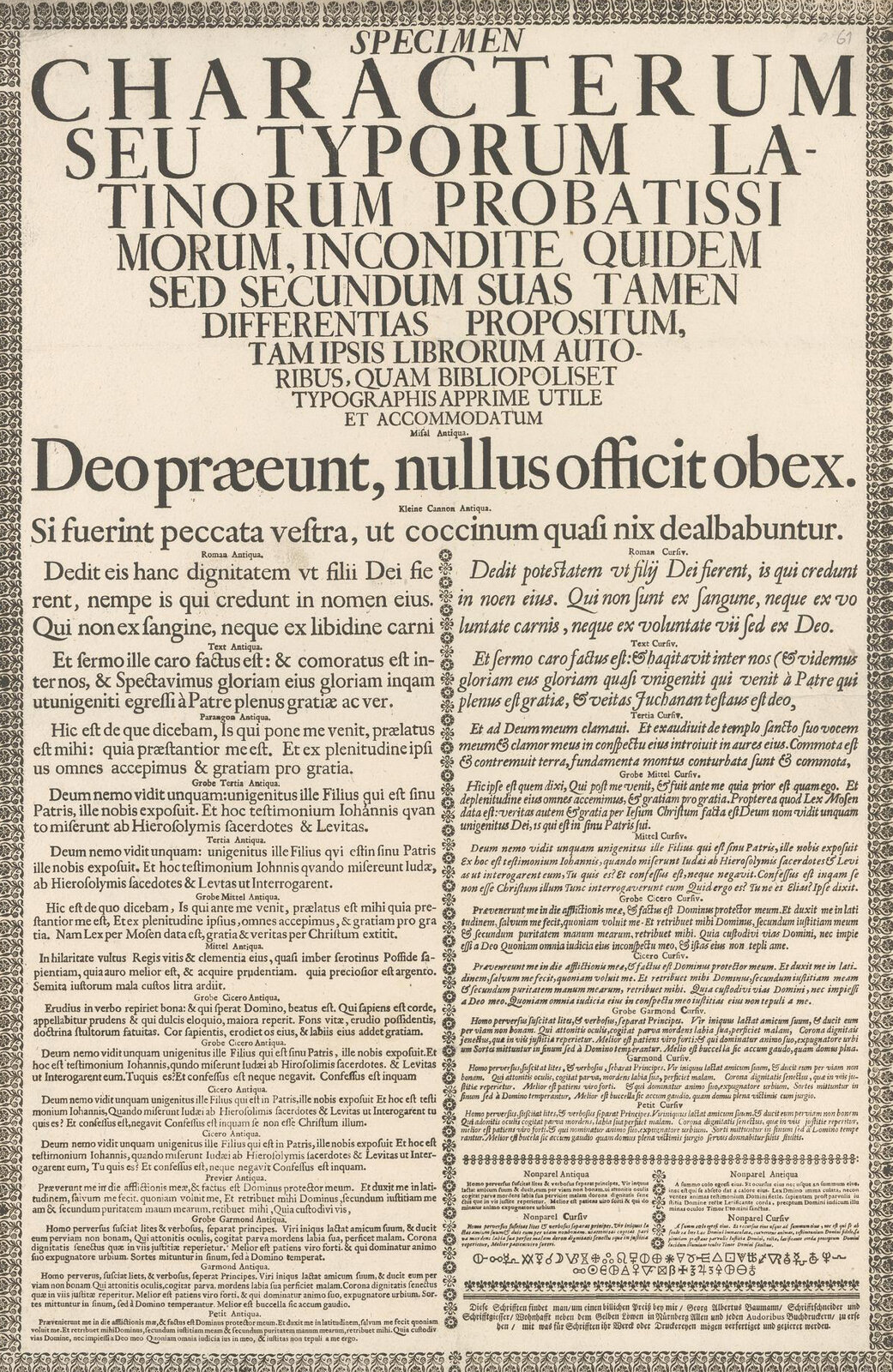 Specimen Characterum Seu Typorum Latinorum Probatissimorum, Incondite Quidem, Sed Secundum Suas Tamen Differentias Propositum, Tam Ipsis Librorum Autoribus, Quam Bibliopolis Et Typographis Apprime Utile Et Accomodatum 