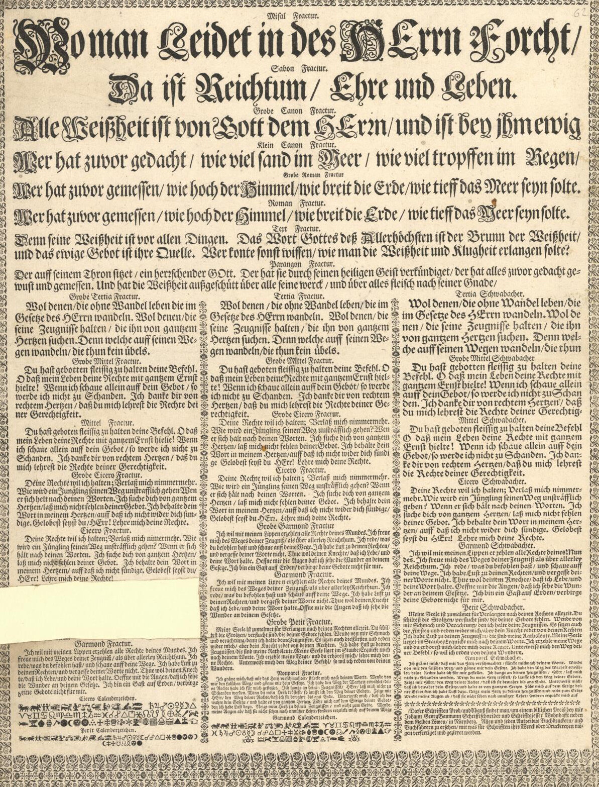 Dieser Schrifften Prob, und Abguß findet man, um eienen billichen Preiß / bey mir Johann Georg Baumann Schrifftschneider und Schrifftgießer Wohnhafft neben dem Gelben Löwen, in Nürnberg // LLC2599