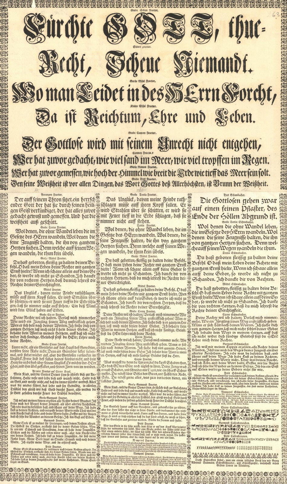 Diese Schriefften findet man, um einen billichen Preiß bey mir / Georg Albertus Baumann, Schrifftschneider, und Schrifftgiesser, wohnhafft neben Gelben Löwen in Nürnberg 