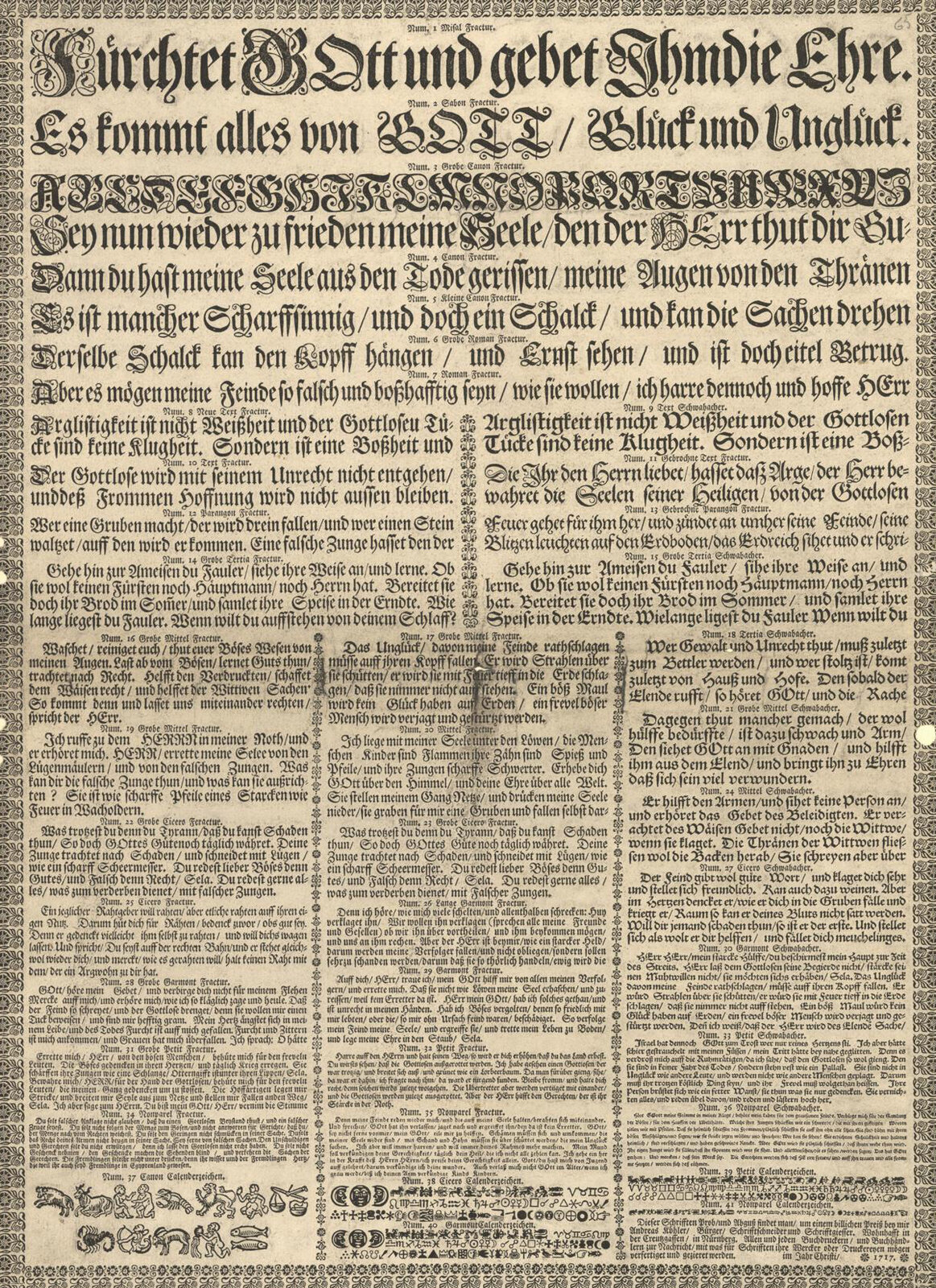 Dieser Schrifften Prob, und Abguß findet man, um einen billichen Preiß / bey mir Andreas Köhler, Bürger, Schrifftschneider und Schrifftgiesser Wohnhafft in der Creutzgassen, in Nürnberg 