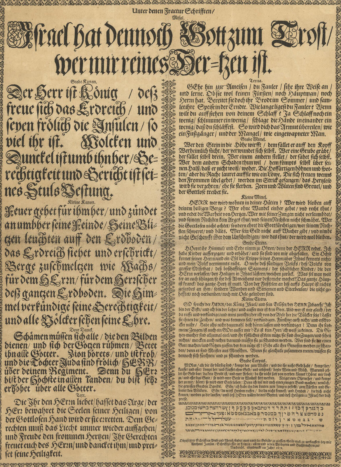 Obgesetzter Schrifften Prob und Abguß, findet man umb die Gebühr zu giessen, theils auch zu verkauffen / bey mir Anthoni Janson, Schrifftgießer in Leipzig // LLC2587