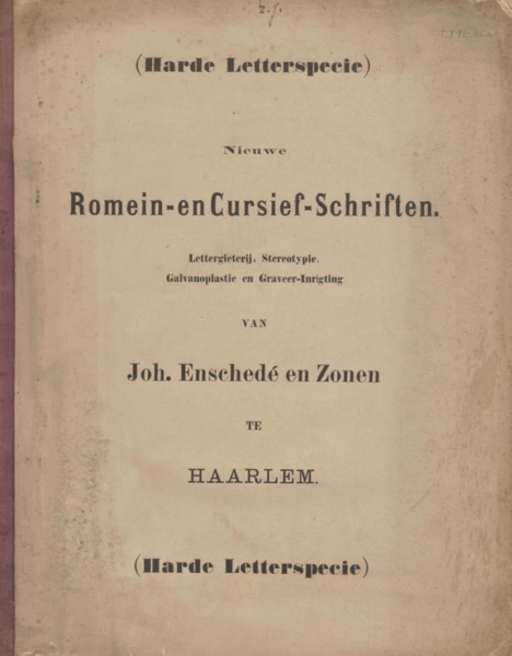 Nieuwe romein- en cursief-schriften (harde letterspecie) / lettergieterij.